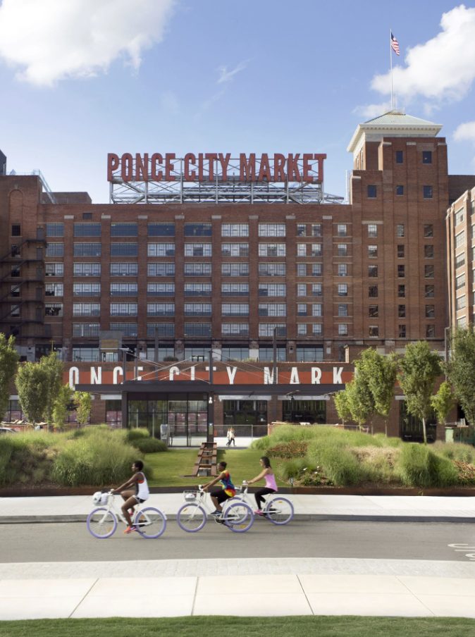 Exterior of brown building named Ponce City Market.