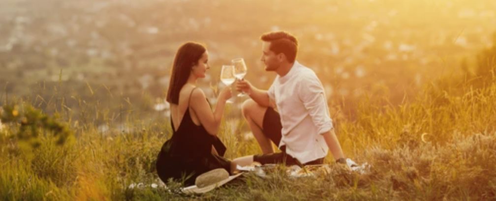 Couple cheersing with wine at a picnic on a grassy hill.